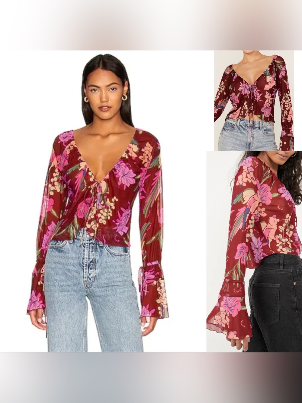 Free People Women's Floral Print Of Paradise Tie Front Crop Top sz M